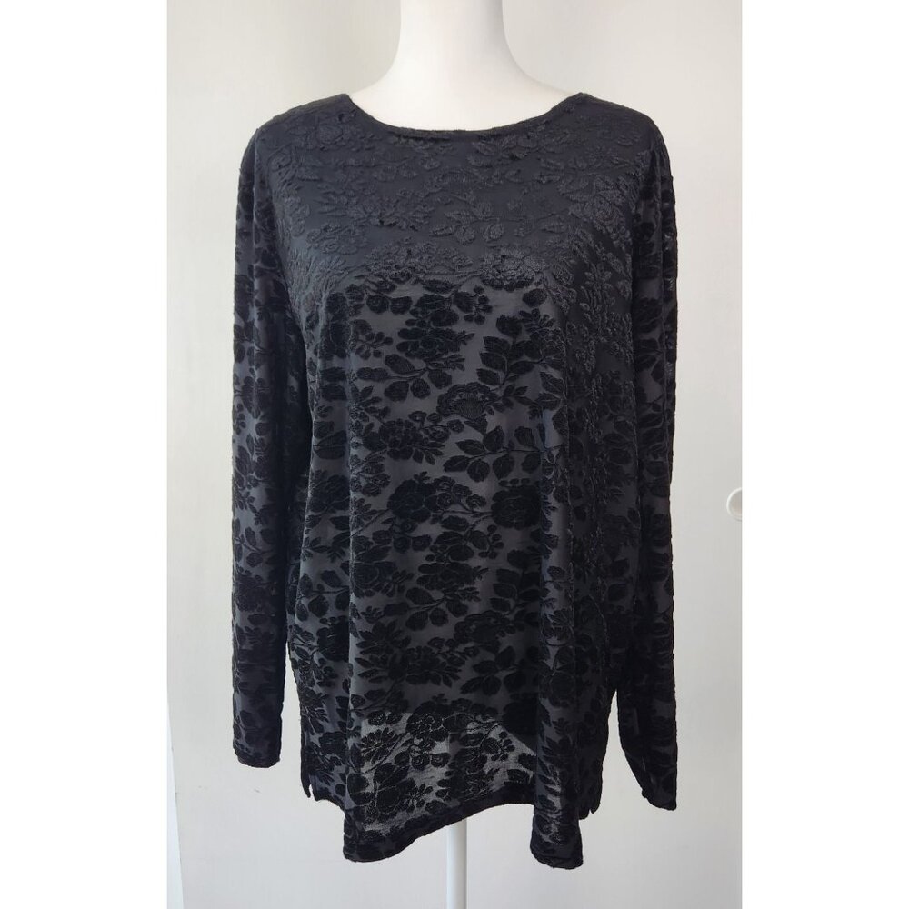 Bice Black Velvet Burnout Semi Sheer Floral Pattern Long Sleeve Y2K Top, XL